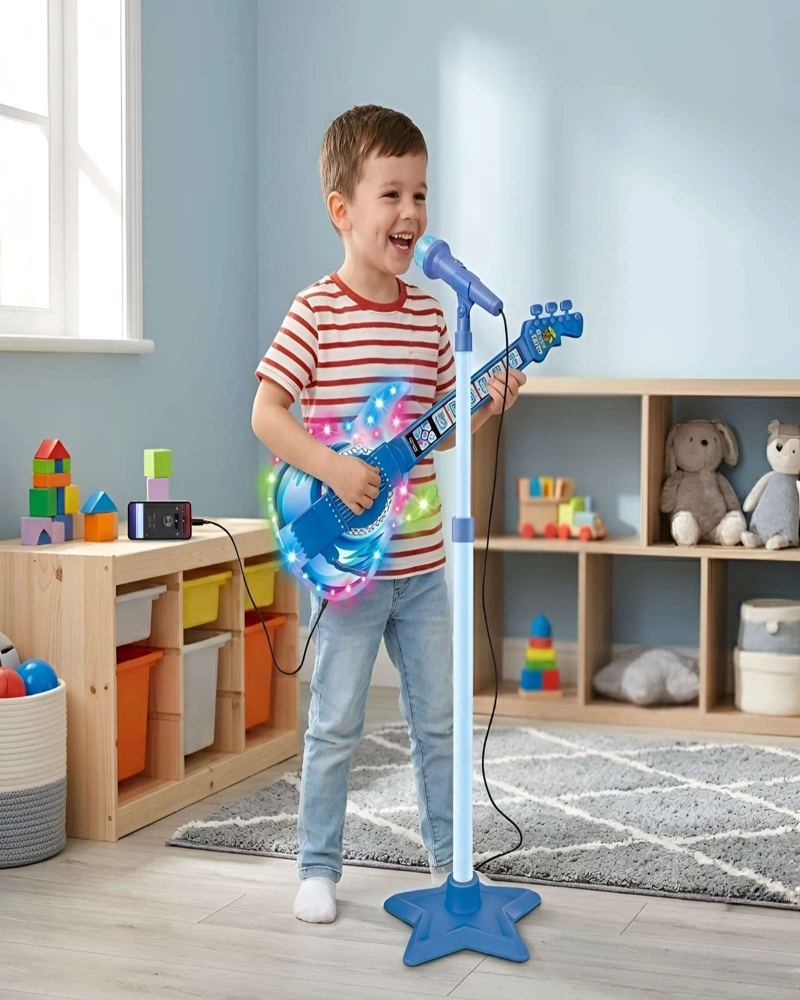 GUITARRA DE JUGUETE CON MICROFONO DE PEDESTAL, LUCES Y SONIDOS - 1