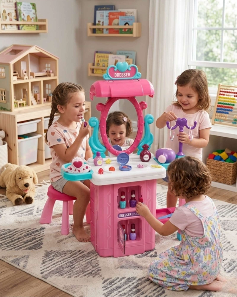 SET TOCADOR DE JUGUETE INFANTIL 3 EN 1 CON MALETA DE MAQUILLAJE MOVIL - 1