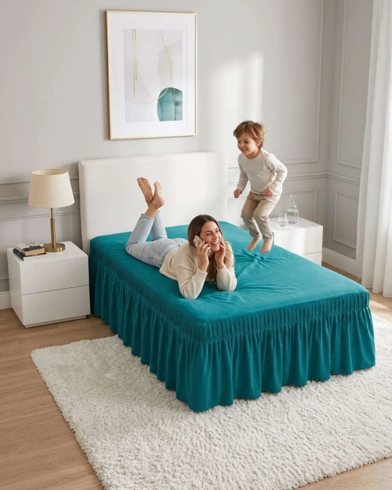 FALDON DE CAMA PLAZA Y MEDIA CUBRE BASE CON PLIEGUES - 1