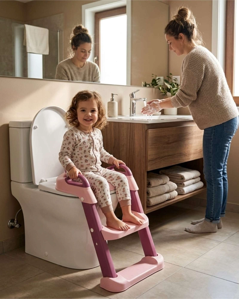 ESCALERA BAÑO NIÑA REDUCTOR INODORO CORONA ROSADO - 1