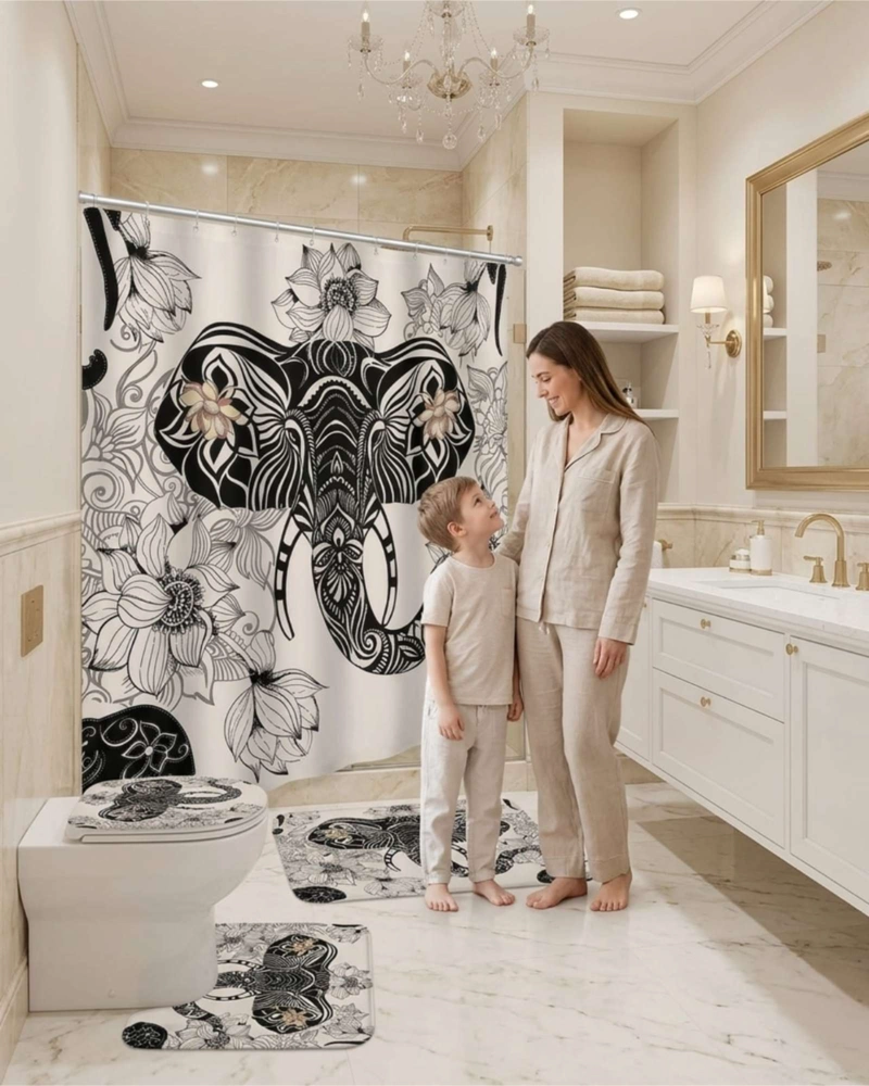 SET DECORATIVO DE BAÑO 4 PIEZAS CORTINA, ALFOMBRAS Y FUNDA DE INODORO - 1