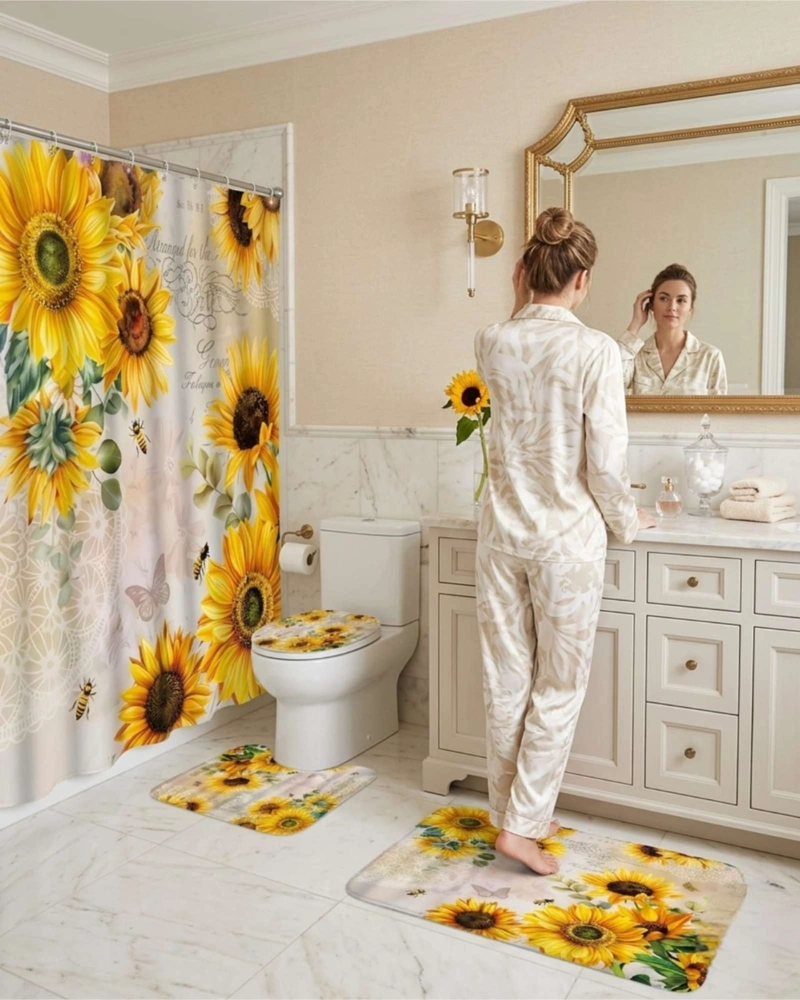 SET DECORATIVO DE BAÑO 4 PIEZAS CORTINA, ALFOMBRAS Y FUNDA DE INODORO - 2