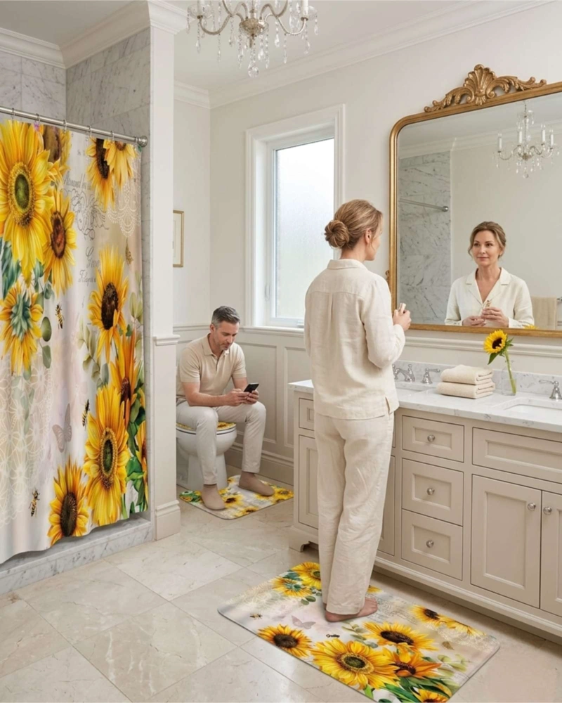 SET DECORATIVO DE BAÑO 4 PIEZAS CORTINA, ALFOMBRAS Y FUNDA DE INODORO - 3