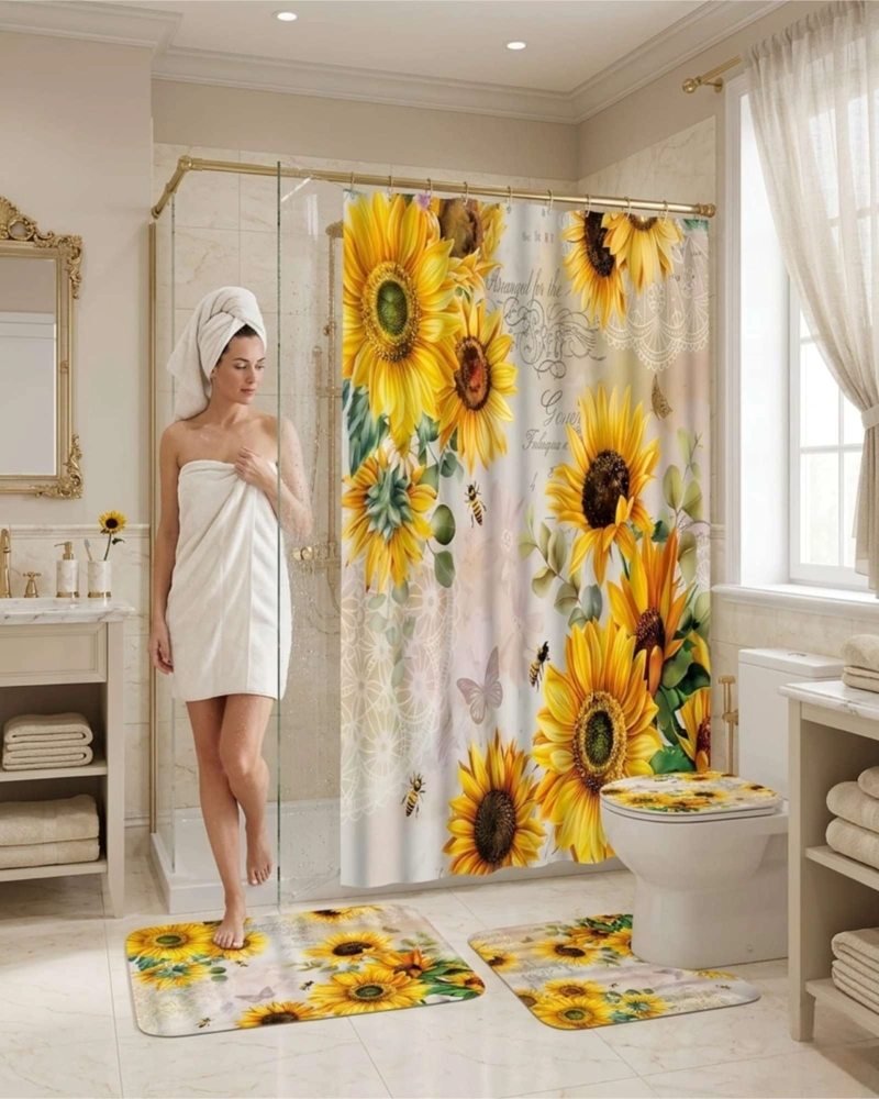 SET DECORATIVO DE BAÑO 4 PIEZAS CORTINA, ALFOMBRAS Y FUNDA DE INODORO - 5