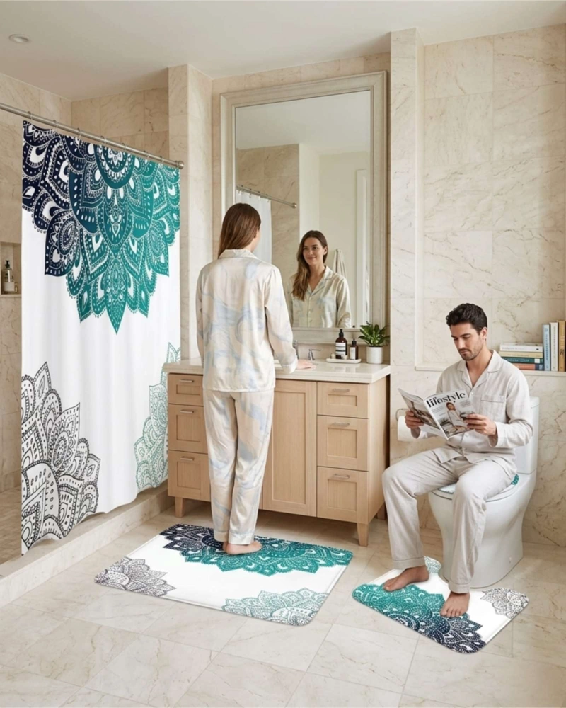 SET DECORATIVO DE BAÑO 4 PIEZAS CORTINA, ALFOMBRAS Y FUNDA DE INODORO - 4