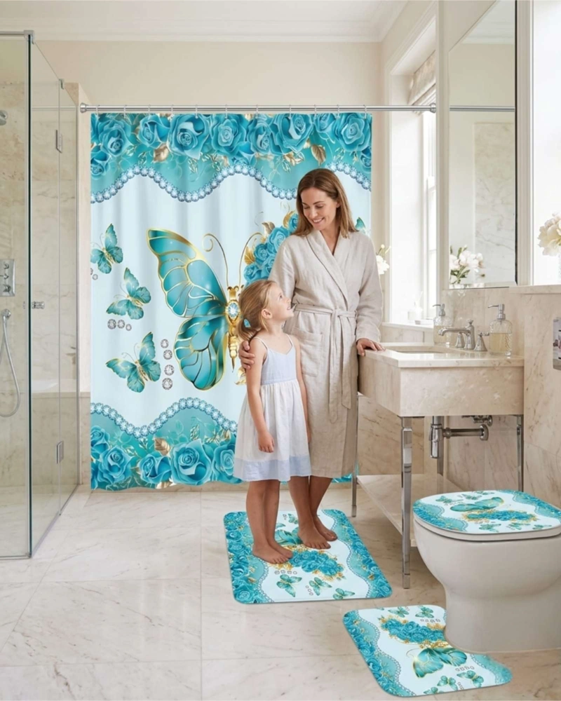 SET DECORATIVO DE BAÑO 4 PIEZAS CORTINA, ALFOMBRAS Y FUNDA DE INODORO - 3