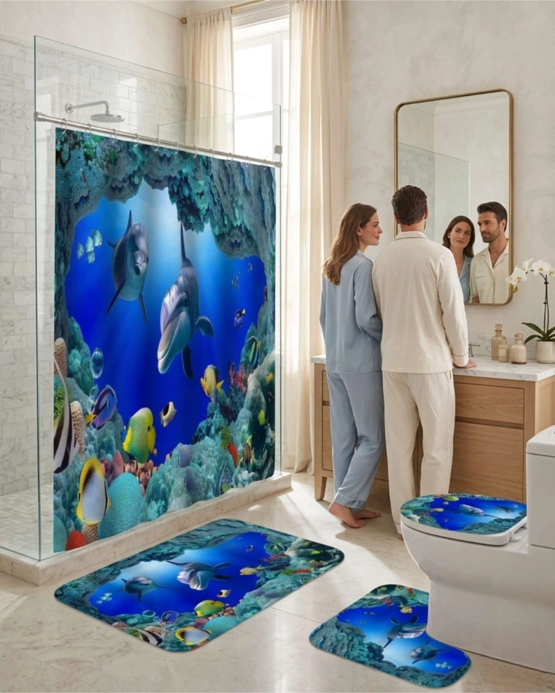 SET DECORATIVO DE BAÑO 4 PIEZAS CORTINA, ALFOMBRAS Y FUNDA DE INODORO - 1