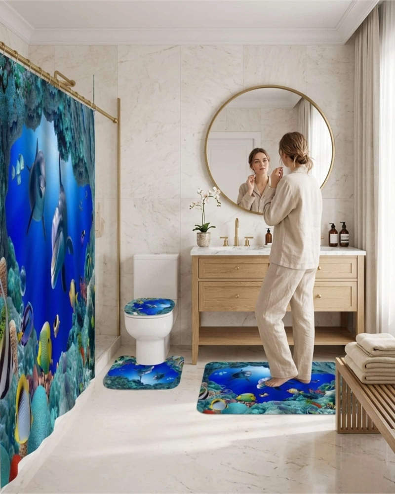 SET DECORATIVO DE BAÑO 4 PIEZAS CORTINA, ALFOMBRAS Y FUNDA DE INODORO - 4