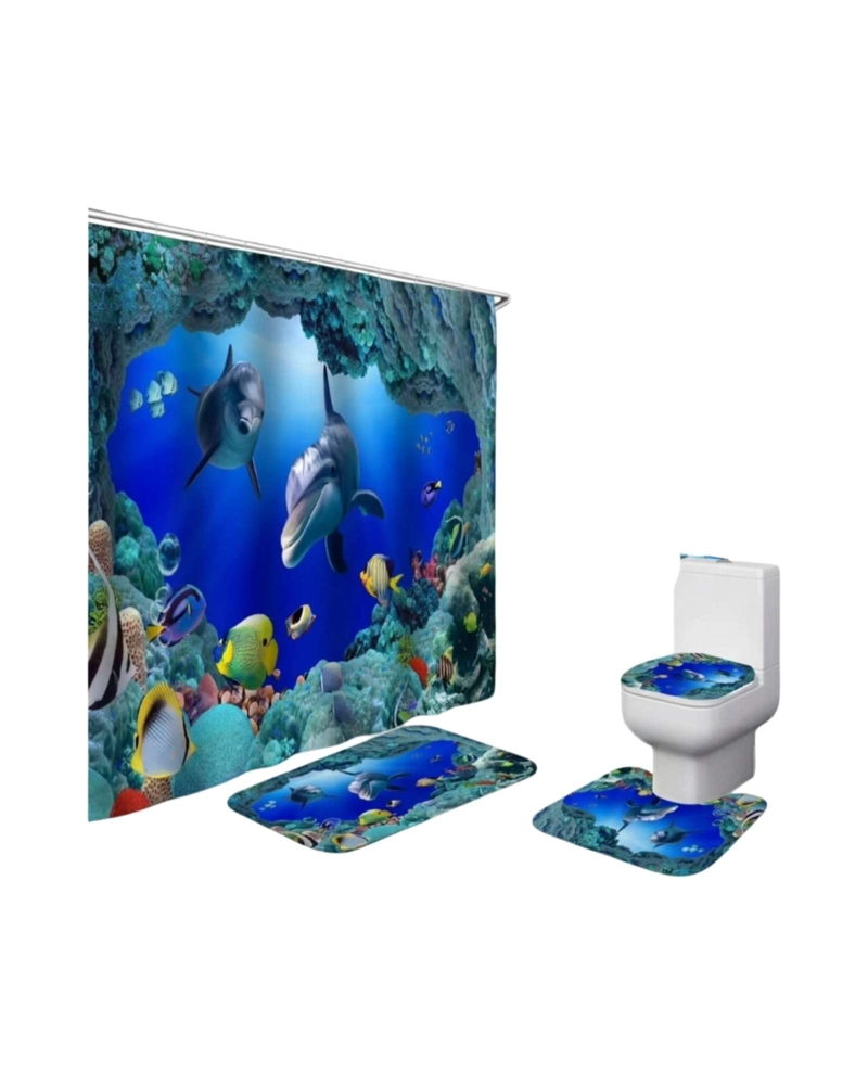 SET DECORATIVO DE BAÑO 4 PIEZAS CORTINA, ALFOMBRAS Y FUNDA DE INODORO - 6