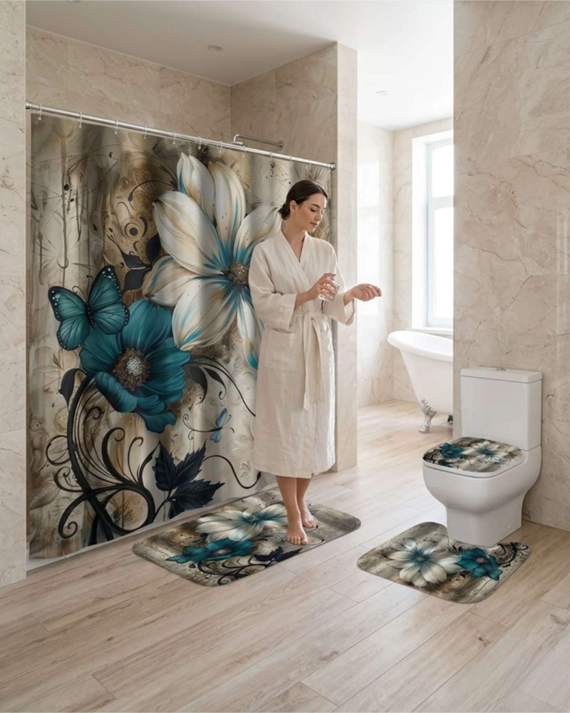 SET DECORATIVO DE BAÑO 4 PIEZAS CORTINA, ALFOMBRAS Y FUNDA DE INODORO - 5