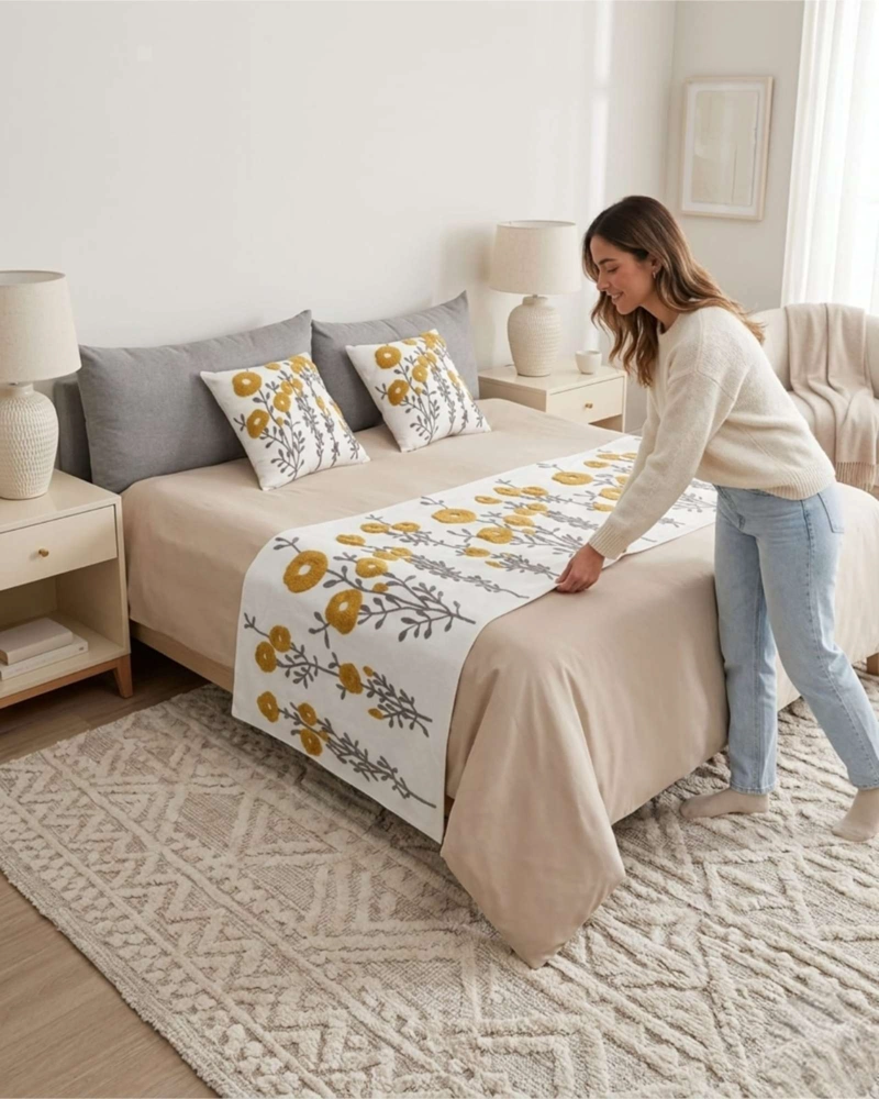 PIECERA DE CAMA TEXTURIZADA CON BORDADO BOTANICO - 2