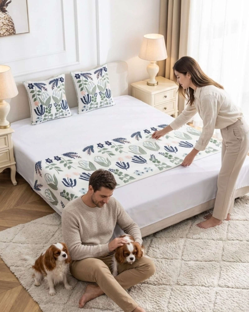 PIECERA DE CAMA TEXTURIZADA CON BORDADO BOTANICO - 3