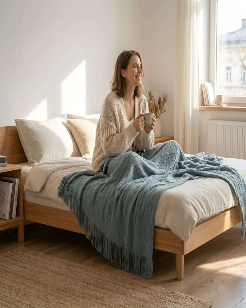 SET DE 2 MANTAS PIECERAS DE SILLON Y CAMA TEJIDAS ROMBOS - 1