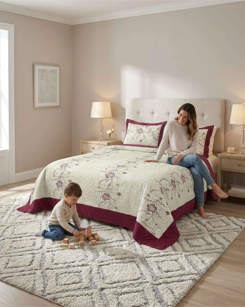 CUBRECAMA QUILT VERANO KING BORDADO FLORAL SET COLCHA DELGADO - 1