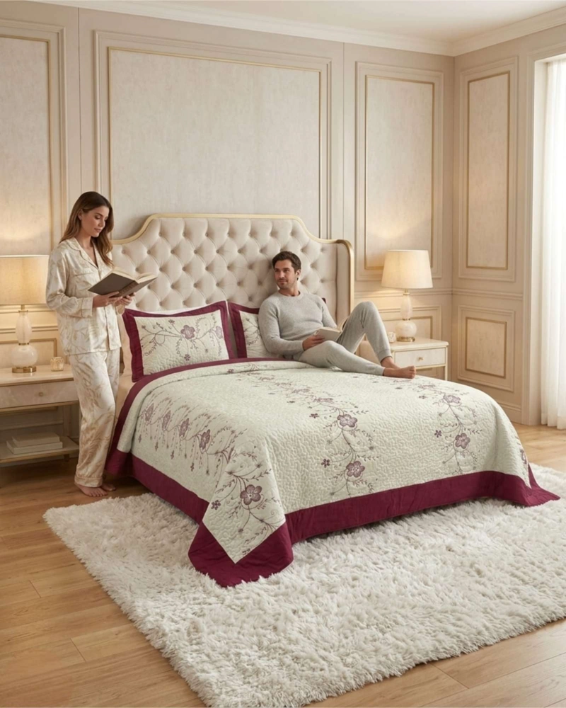 CUBRECAMA QUILT VERANO KING BORDADO FLORAL SET COLCHA DELGADO - 3