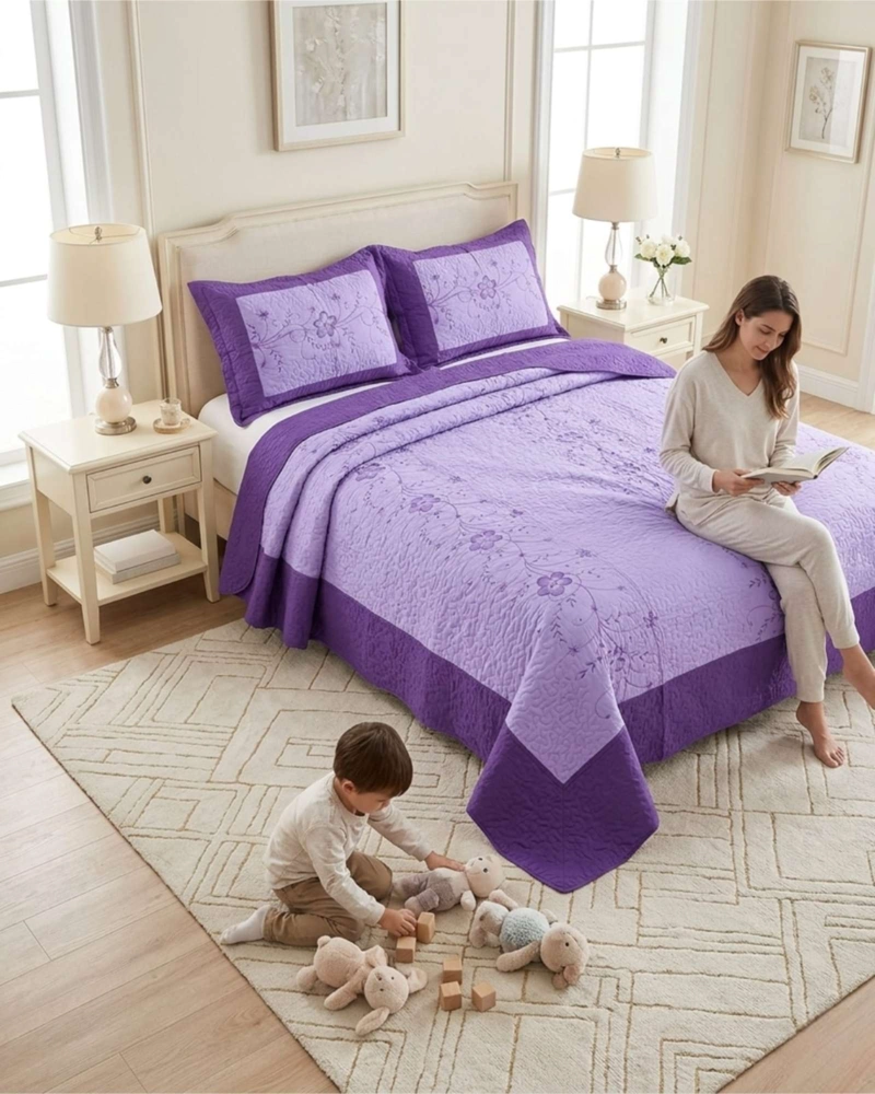 CUBRECAMA QUILT VERANO KING BORDADO FLORAL SET COLCHA DELGADO - 1