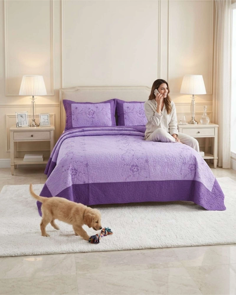 CUBRECAMA QUILT VERANO KING BORDADO FLORAL SET COLCHA DELGADO - 2