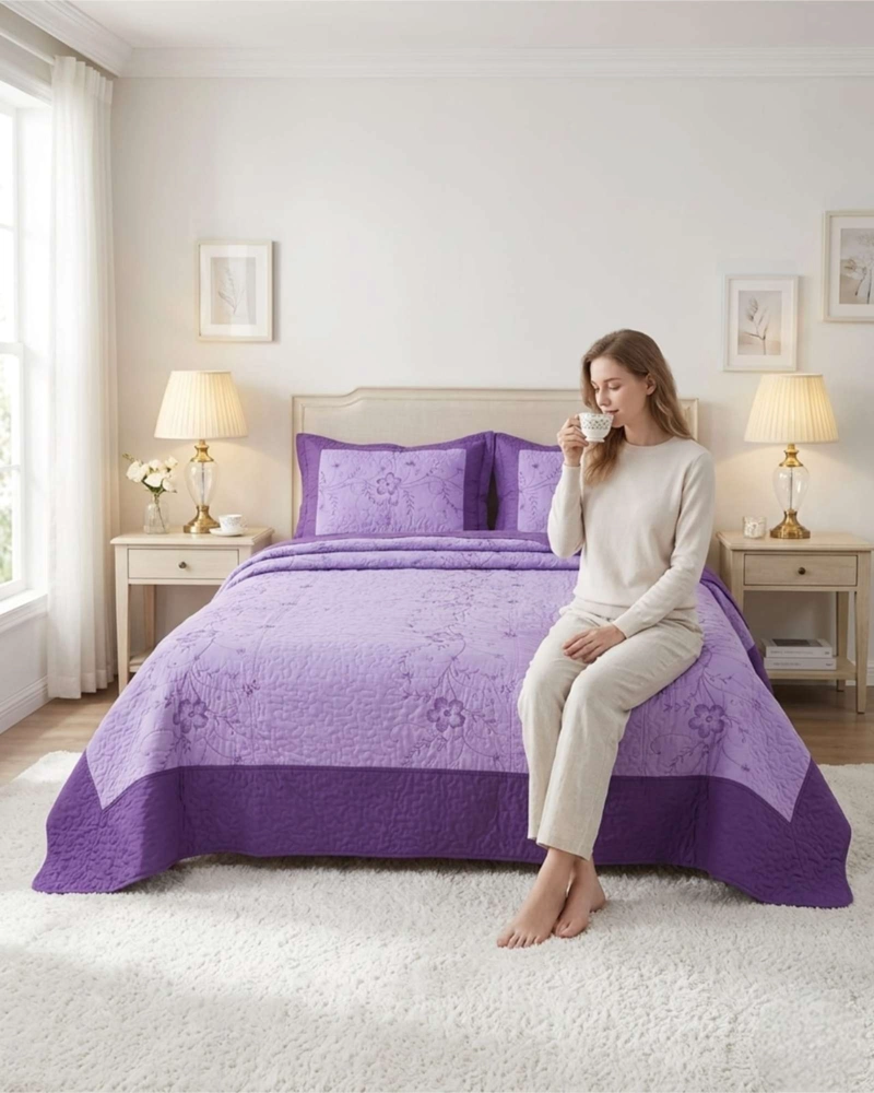 CUBRECAMA QUILT VERANO KING BORDADO FLORAL SET COLCHA DELGADO - 3