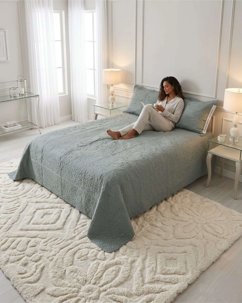 CUBRECAMA QUILT VERANO 2 PLAZAS BORDADO FLORAL SET COLCHA DELGADO - 1