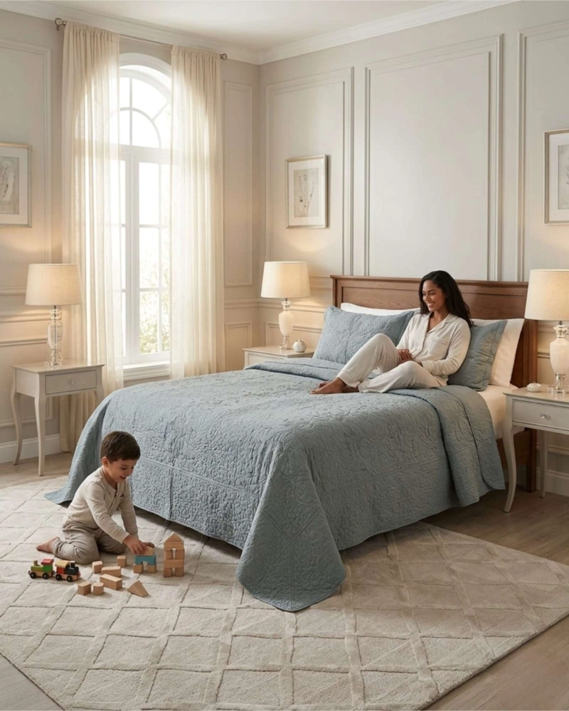 CUBRECAMA QUILT VERANO 2 PLAZAS BORDADO FLORAL SET COLCHA DELGADO - 3