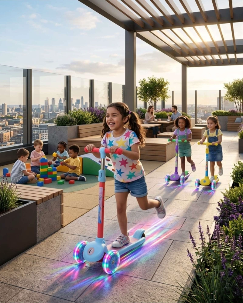 SCOOTER MONOPATIN INFANTIL 3 RUEDAS CON LUCES LED CELESTE ROSADO - 3