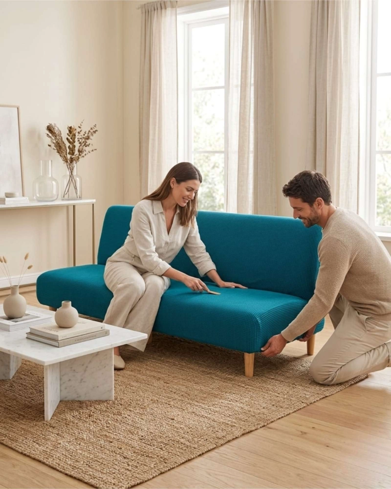 FUNDA DE FUTON AJUSTABLE DISEÑO CUADRILLE  TELA ELASTICA - 2