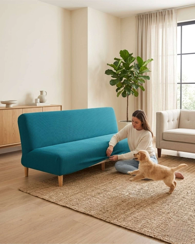 FUNDA DE FUTON AJUSTABLE DISEÑO CUADRILLE  TELA ELASTICA - 3