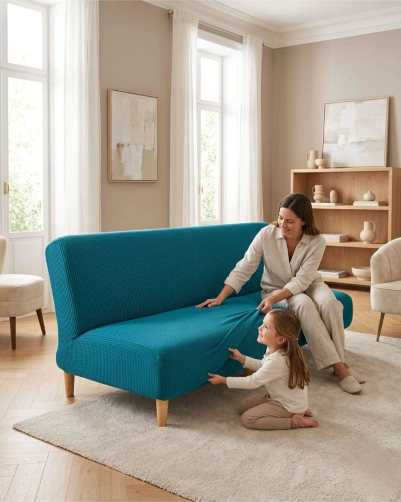 FUNDA DE FUTON AJUSTABLE DISEÑO CUADRILLE  TELA ELASTICA - 4
