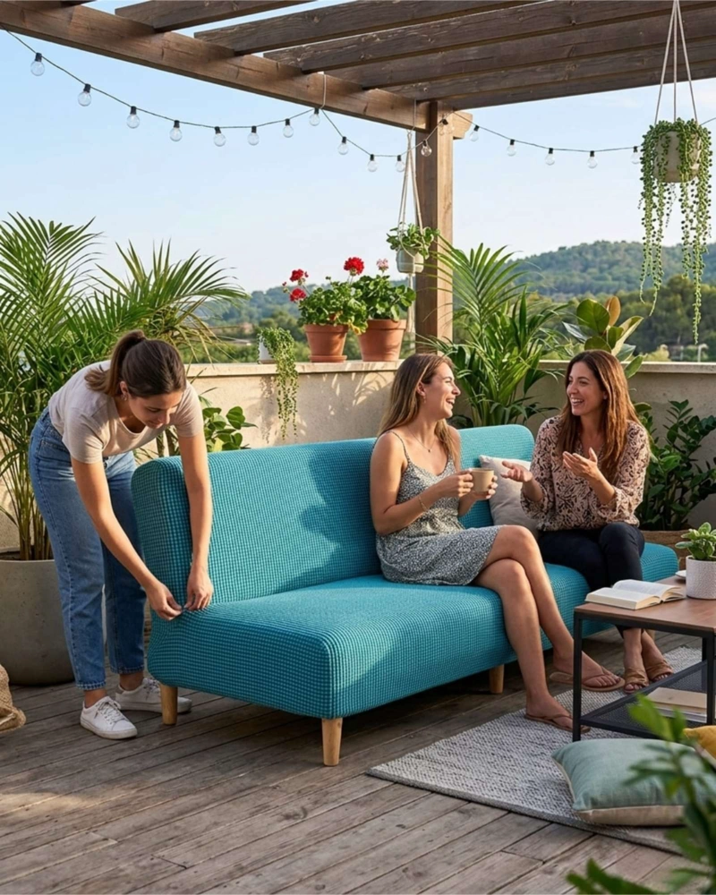 FUNDA DE FUTON AJUSTABLE DISEÑO CUADRILLE  TELA ELASTICA - 5