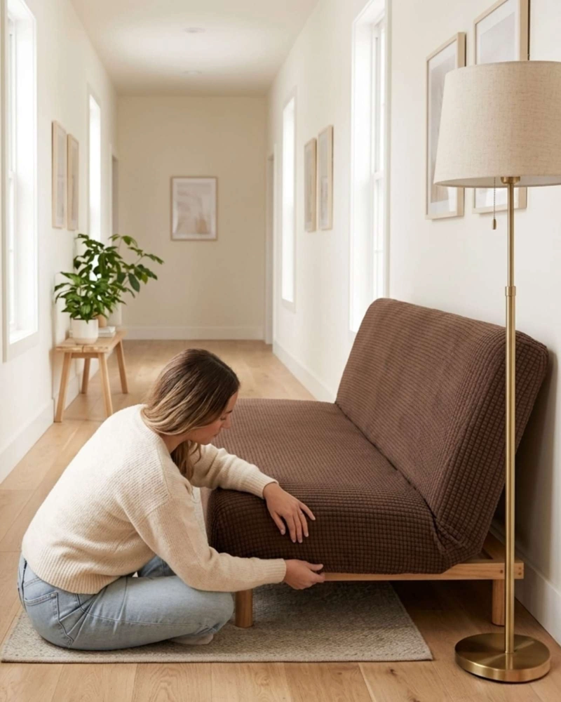 FUNDA DE FUTON AJUSTABLE DISEÑO CUADRILLE  TELA ELASTICA - 1