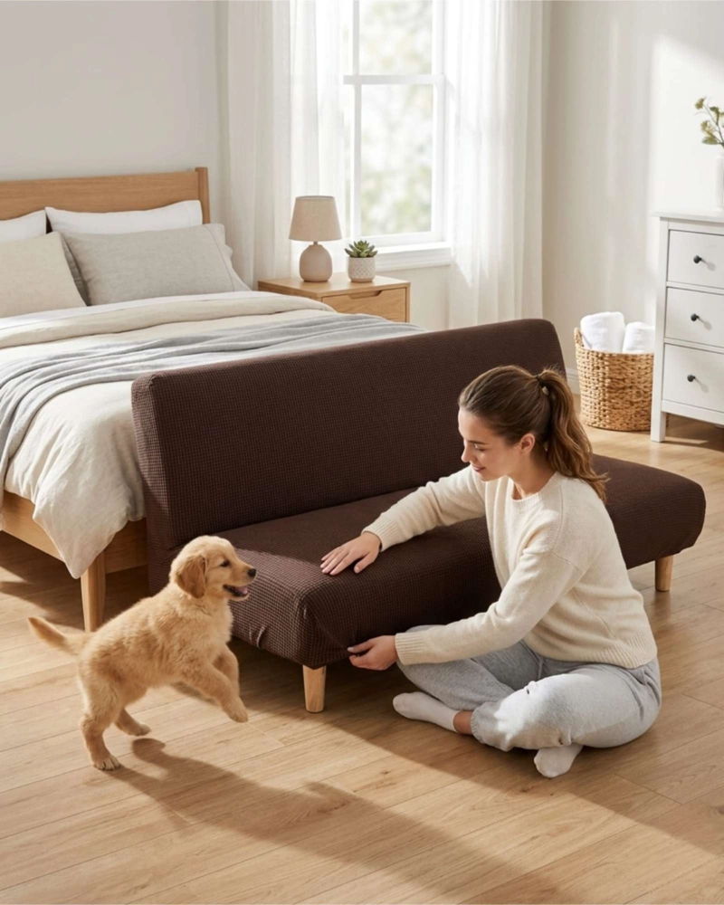 FUNDA DE FUTON AJUSTABLE DISEÑO CUADRILLE  TELA ELASTICA - 2