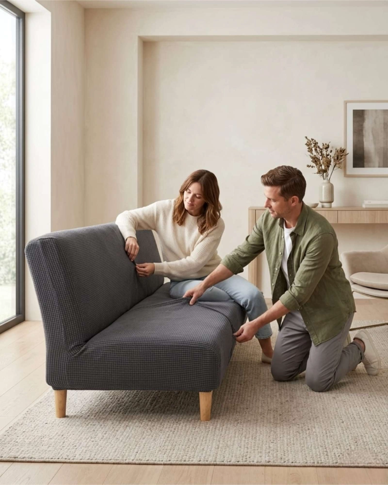 FUNDA DE FUTON AJUSTABLE DISEÑO CUADRILLE  TELA ELASTICA - 1