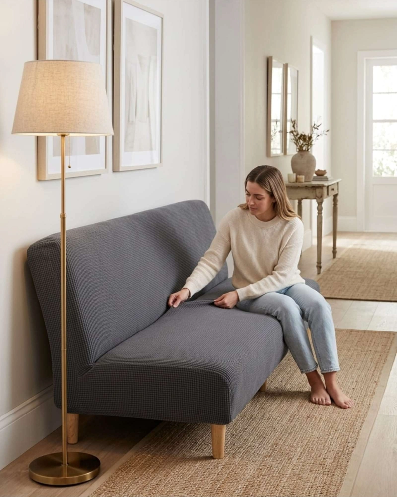 FUNDA DE FUTON AJUSTABLE DISEÑO CUADRILLE  TELA ELASTICA - 2