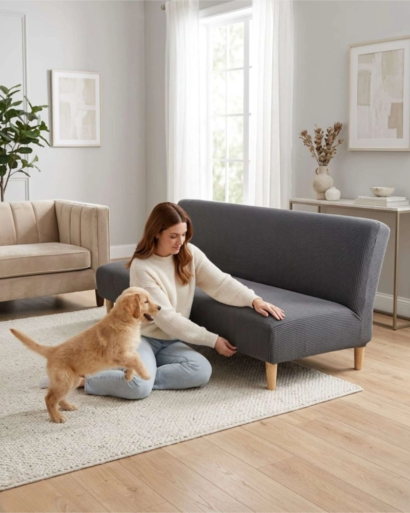 FUNDA DE FUTON AJUSTABLE DISEÑO CUADRILLE  TELA ELASTICA - 3
