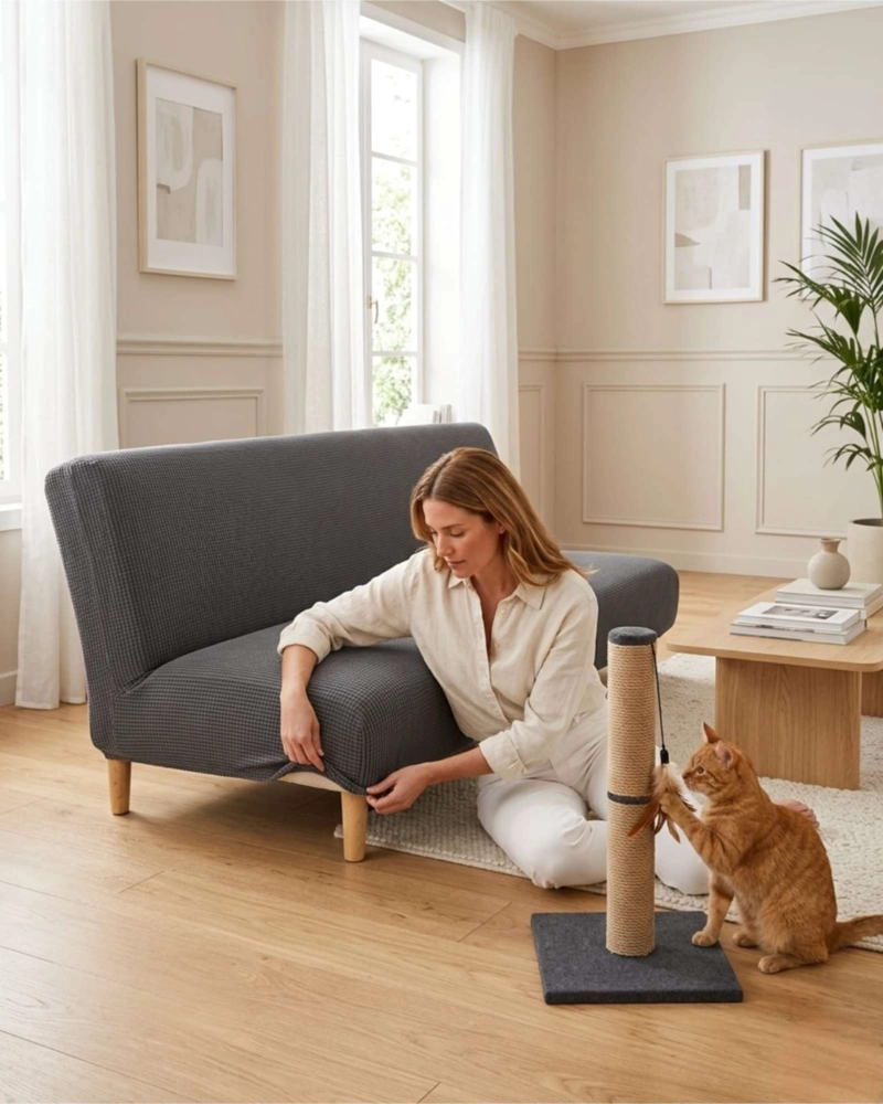FUNDA DE FUTON AJUSTABLE DISEÑO CUADRILLE  TELA ELASTICA - 4