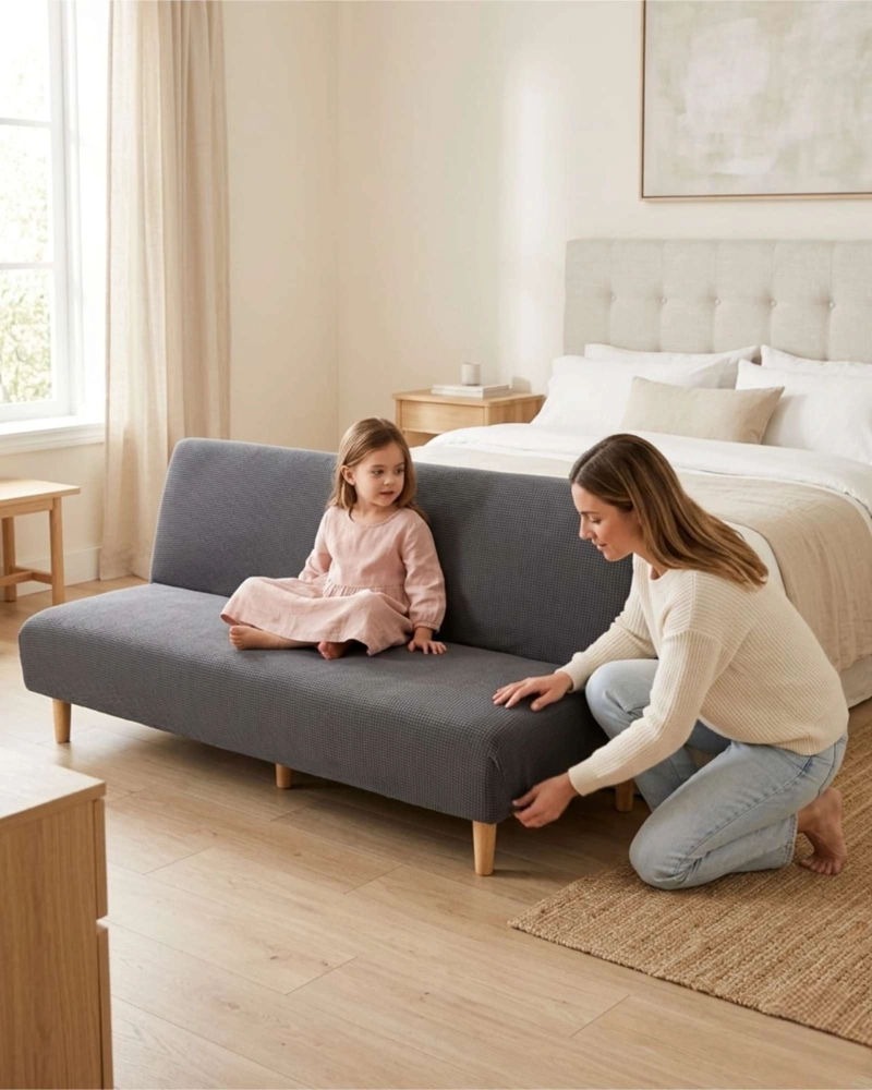 FUNDA DE FUTON AJUSTABLE DISEÑO CUADRILLE  TELA ELASTICA - 5