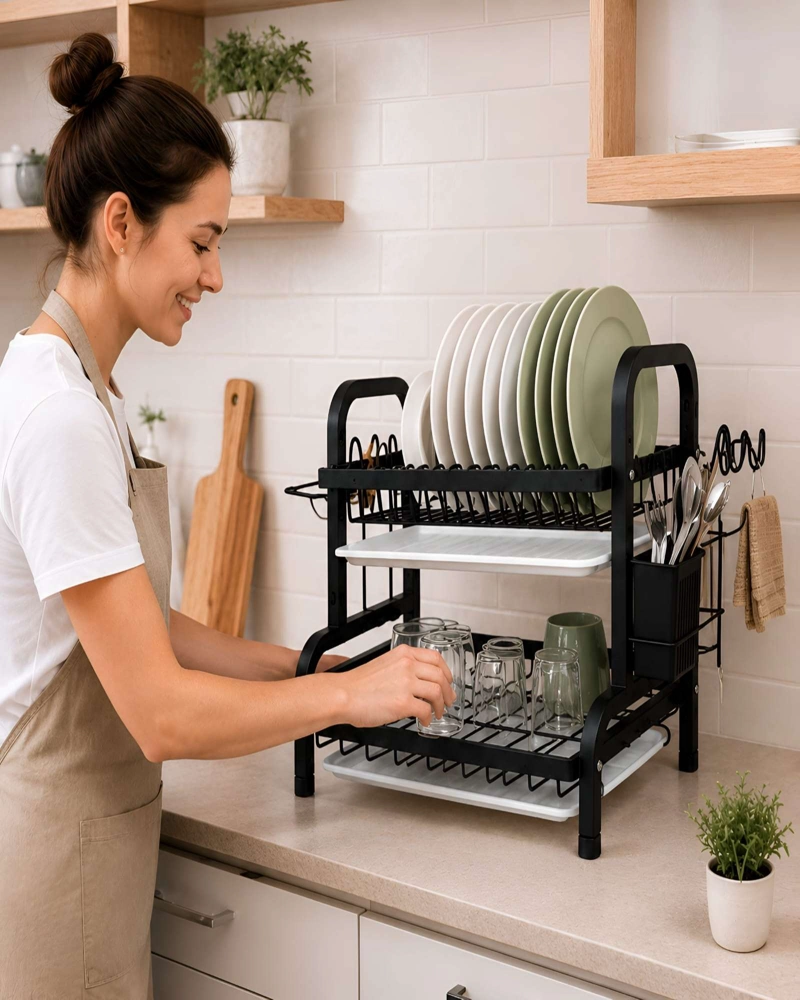 ESCURRIDOR DE PLATOS DE 2 NIVELES ORGANIZADOR DE COCINA NEGRO - 1