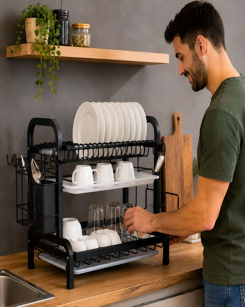 ESCURRIDOR DE PLATOS DE 2 NIVELES ORGANIZADOR DE COCINA NEGRO - 2