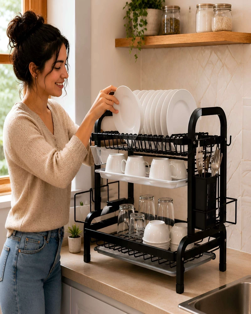 ESCURRIDOR DE PLATOS DE 2 NIVELES ORGANIZADOR DE COCINA NEGRO - 3