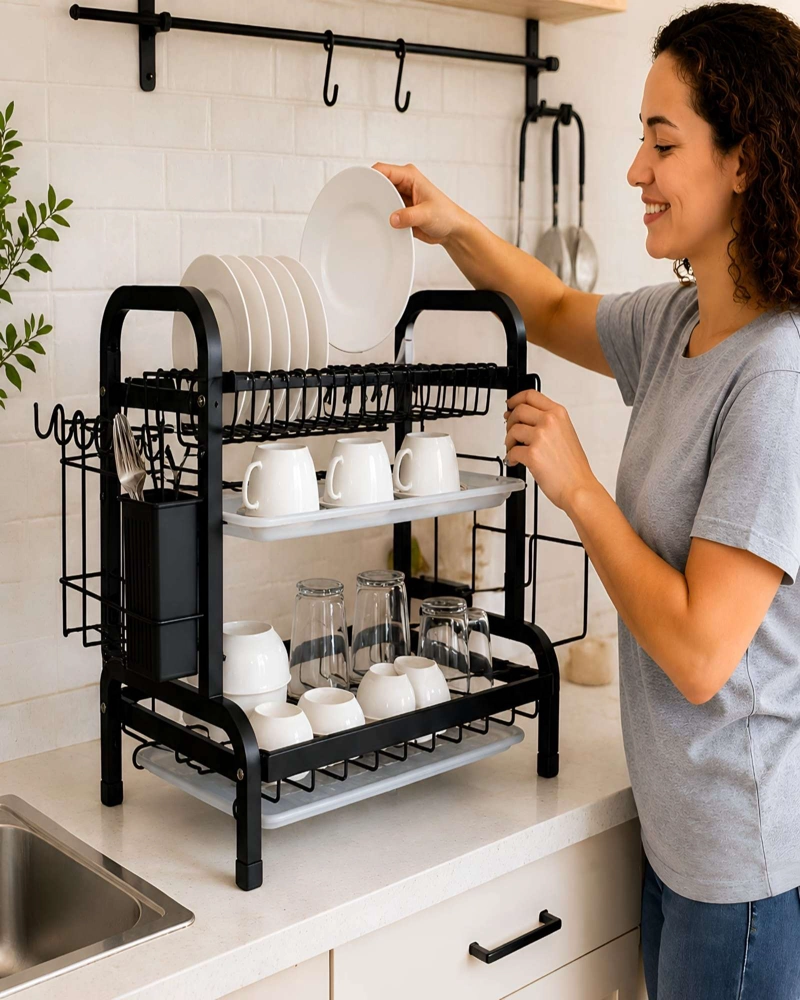 ESCURRIDOR DE PLATOS DE 2 NIVELES ORGANIZADOR DE COCINA NEGRO - 4