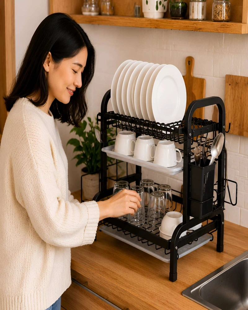 ESCURRIDOR DE PLATOS DE 2 NIVELES ORGANIZADOR DE COCINA NEGRO - 5