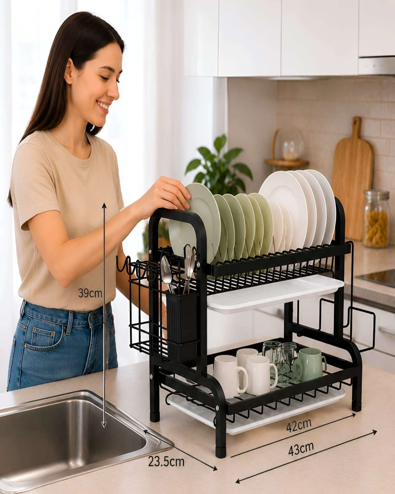 ESCURRIDOR DE PLATOS DE 2 NIVELES ORGANIZADOR DE COCINA NEGRO - 6