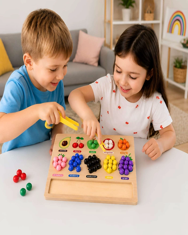 TABLERO EDUCATIVO DE MADERA MONTESSORI - CLASIFICACION DE FRUTAS Y COLORES - 2