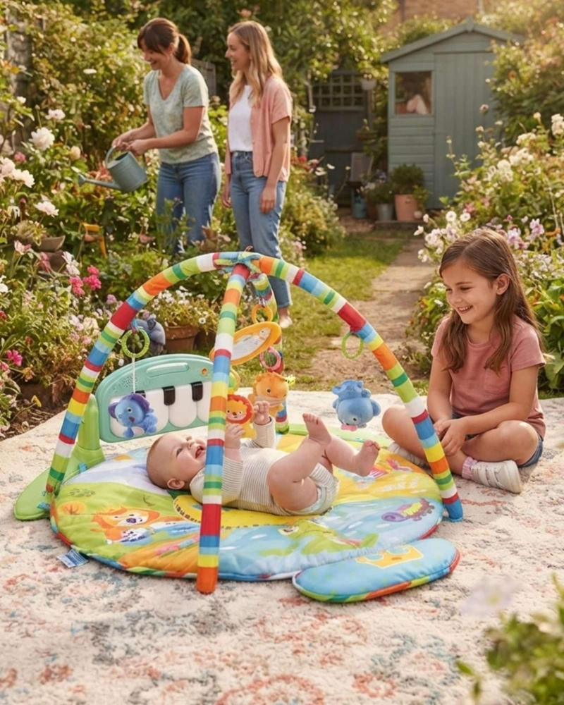 GIMNASIO DE BEBE  CON ALFOMBRA MULTISENSORIAL Y DOBLE ARCO DE JUEGOS - 1