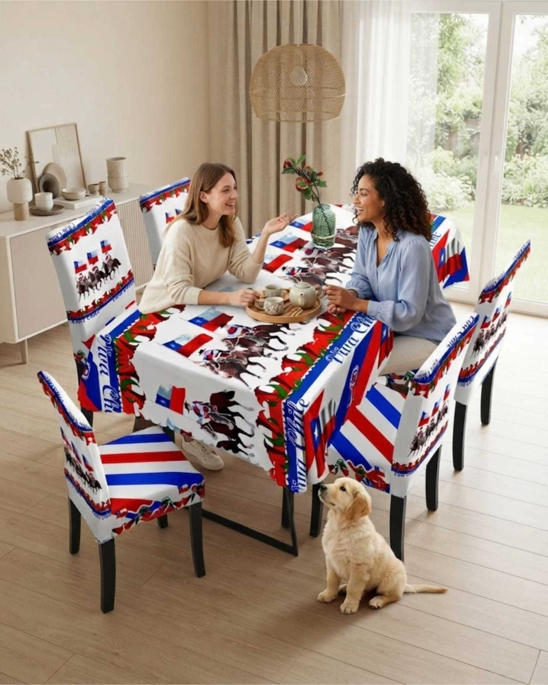 SET FIESTAS PATRIAS: MANTEL DIECIOCHERO + 6 FUNDAS DE SILLAS - 1
