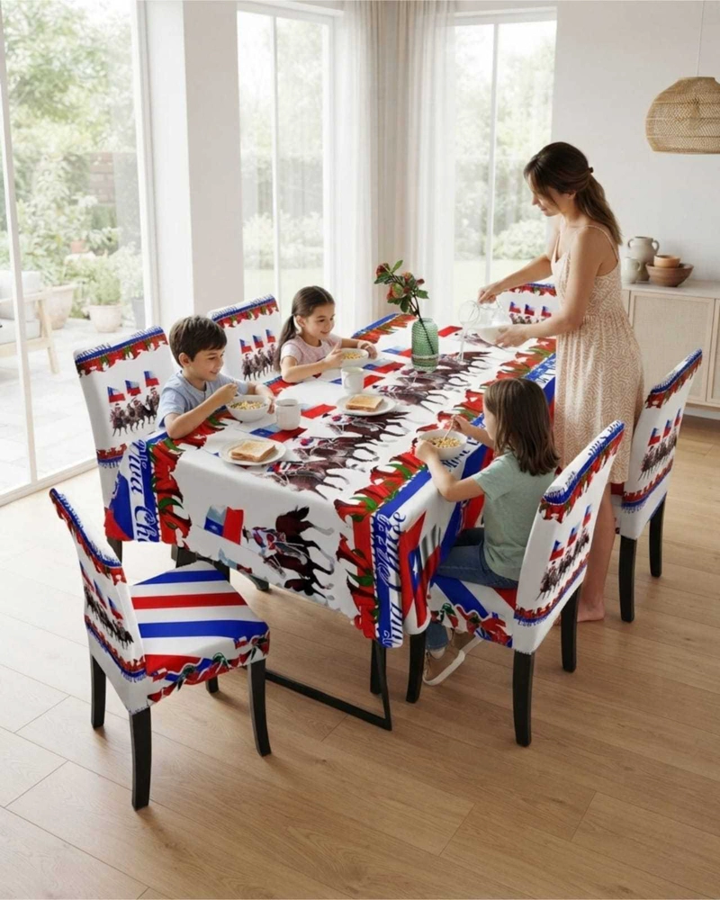 SET FIESTAS PATRIAS: MANTEL DIECIOCHERO + 6 FUNDAS DE SILLAS - 3
