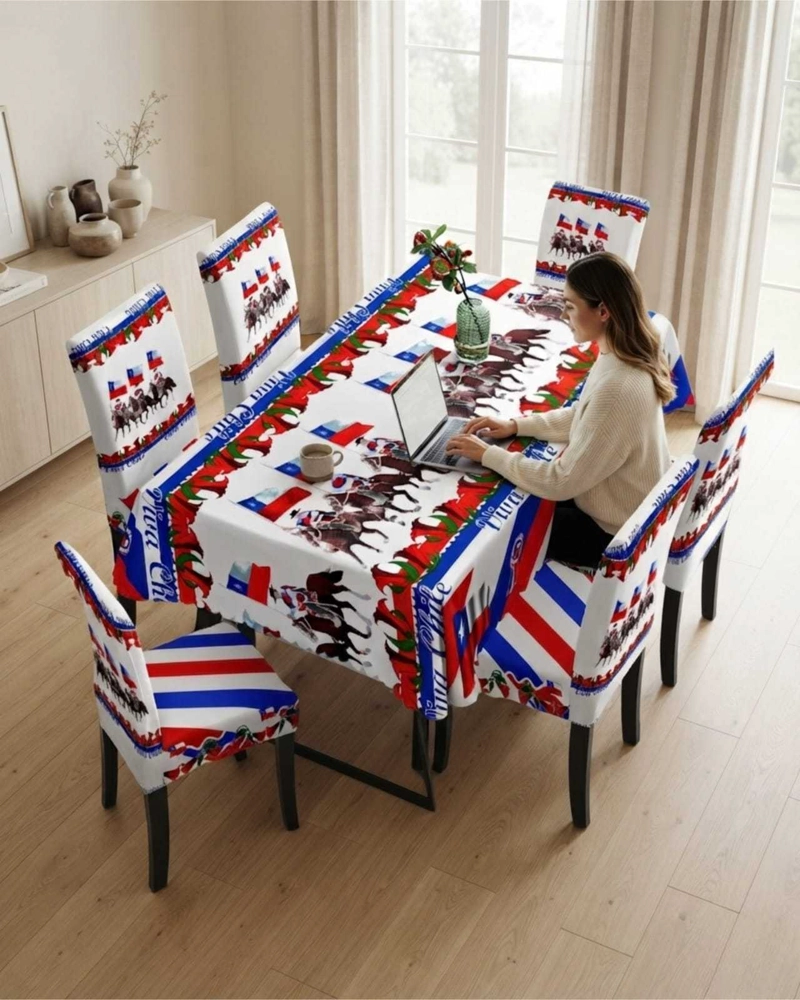SET FIESTAS PATRIAS: MANTEL DIECIOCHERO + 6 FUNDAS DE SILLAS - 4
