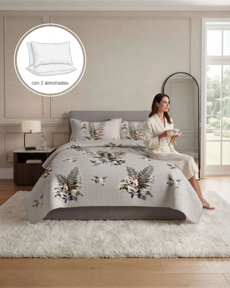 CUBRECAMA QUILT DE VERANO 2 PLAZAS DELGADO + 2 ALMOHADADAS - 1