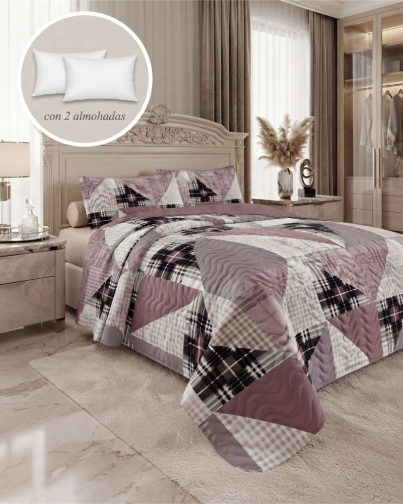 CUBRECAMA QUILT DE VERANO 2 PLAZAS DELGADO + 2 ALMOHADADAS - 1