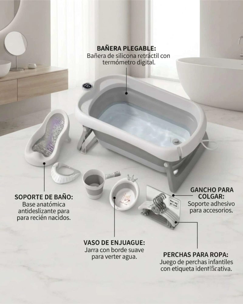 TINA BAÑERA PLEGABLE BEBE  6 EN 1 CON TERMOMETRO DIGITAL Y ACCESORIOS - 5
